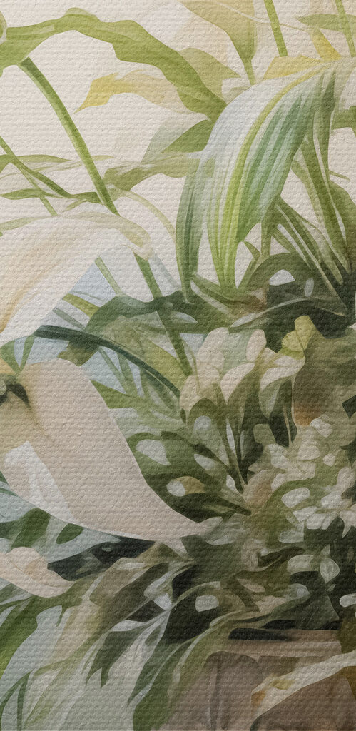 Painting of a white flower pot with white flowers Painting of a white flower pot with white flowers