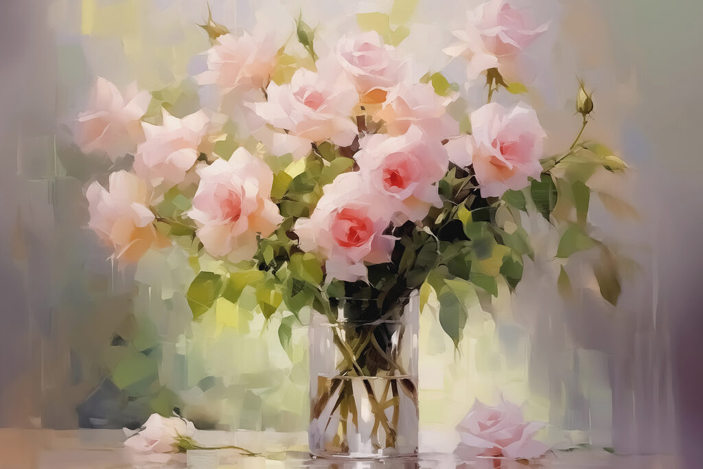 Bouquet of pink roses in a glass vase