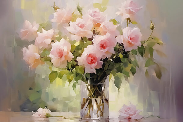 Bouquet of pink roses in a glass vase