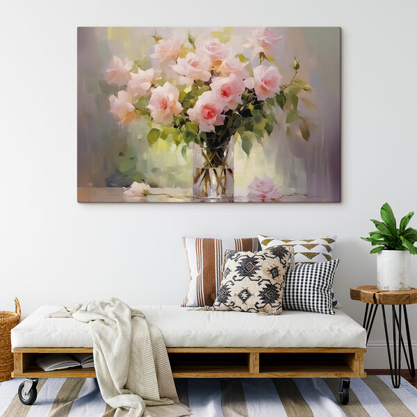 Bouquet of pink roses in a glass vase