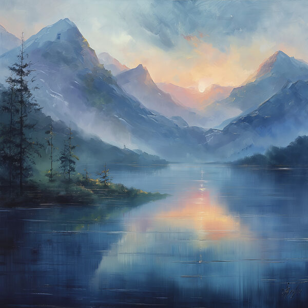 Painting of a lake with mountains and trees