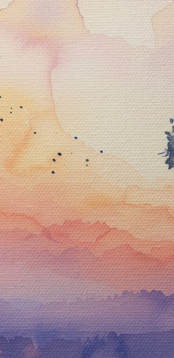 Watercolor painting of trees and a sunset