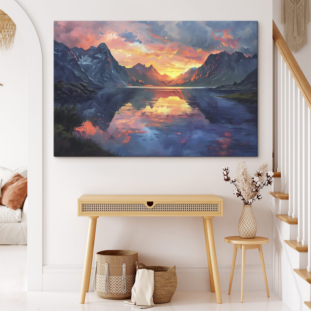 Mountain range with a lake and sunset