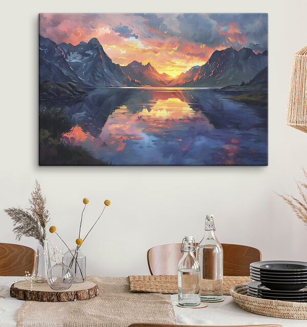 Mountain range with a lake and sunset