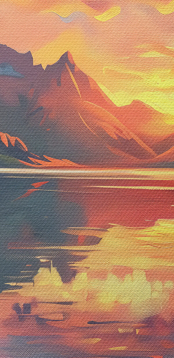 Mountain range with a lake and sunset