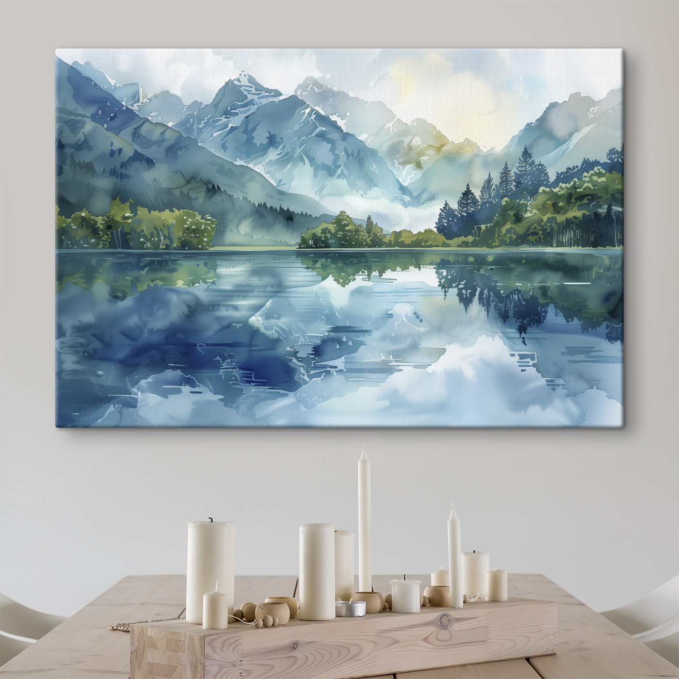 Water painting of a lake with trees and mountains in the background Water painting of a lake with trees and mountains in the background
