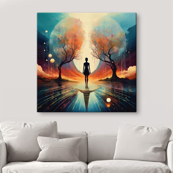 Cuadros Una mujer de pie sobre una superficie reflectante, con árboles y una luna enorme (SKU: s40713) Cuadros Cuadros Una mujer de pie sobre una superficie reflectante, con árboles y una luna enorme (SKU: s40713)