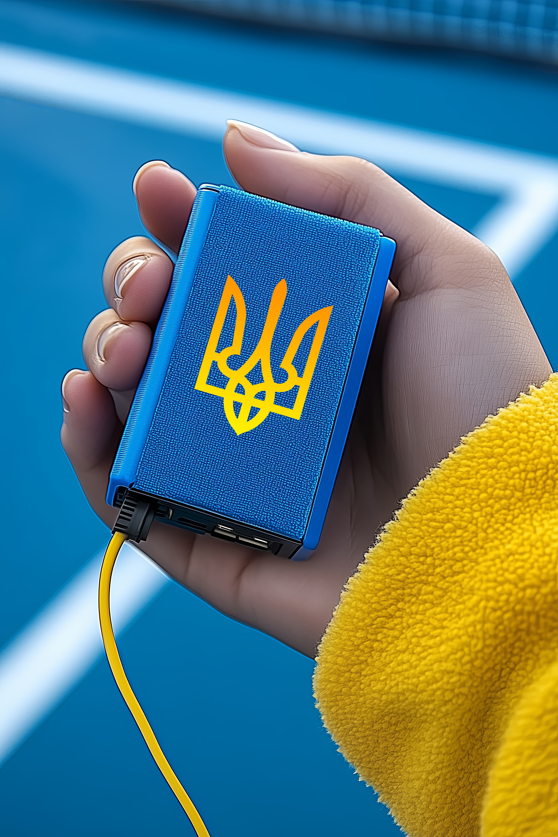 Hand holding a blue device Hand holding a blue device