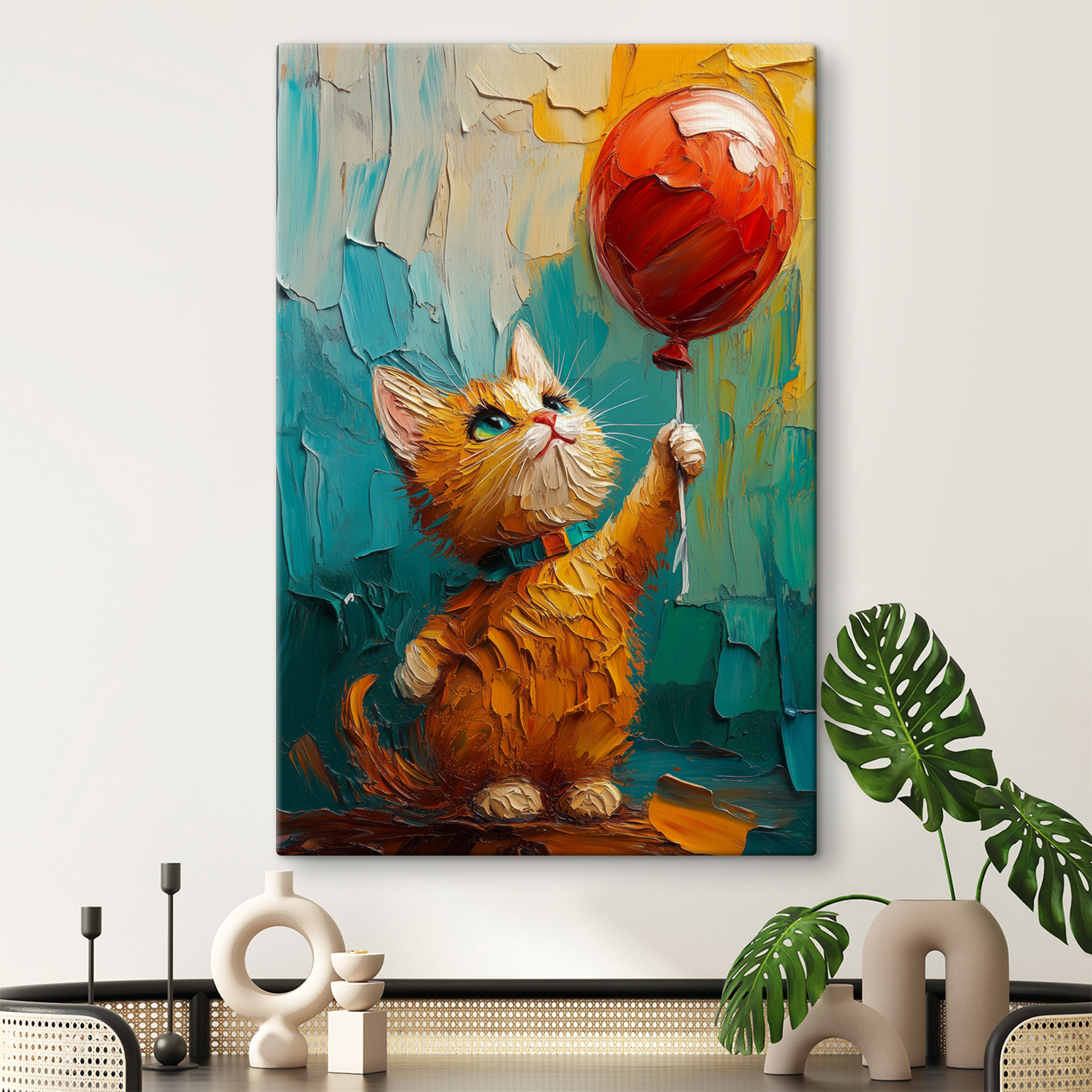 Painting of a cat holding a balloon Painting of a cat holding a balloon