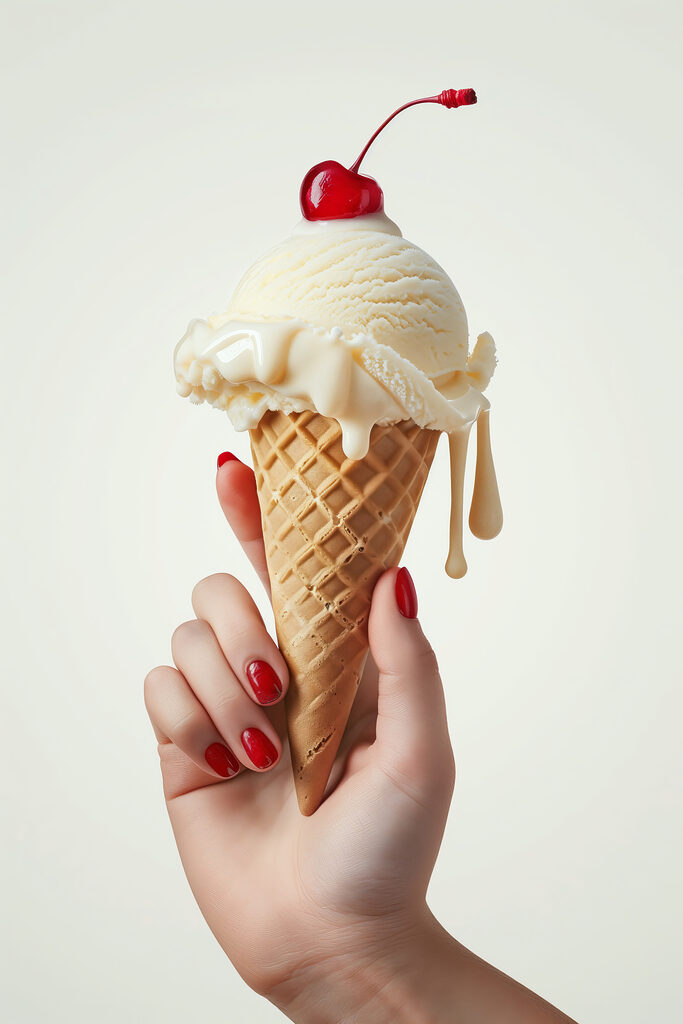 Hand holding an ice cream cone with a cherry on top Hand holding an ice cream cone with a cherry on top