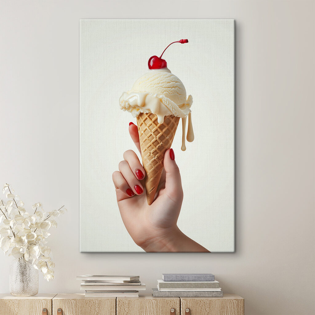 Hand holding an ice cream cone with a cherry on top Hand holding an ice cream cone with a cherry on top