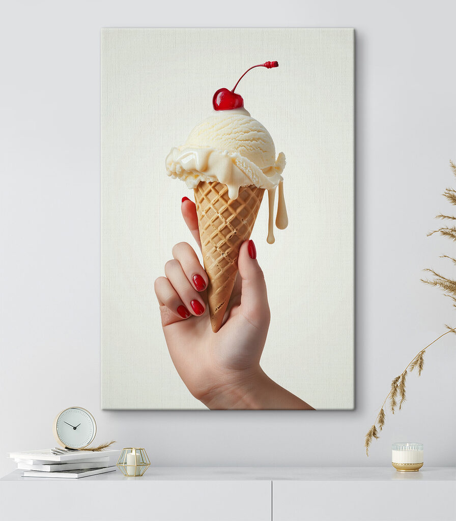 Hand holding an ice cream cone with a cherry on top Hand holding an ice cream cone with a cherry on top