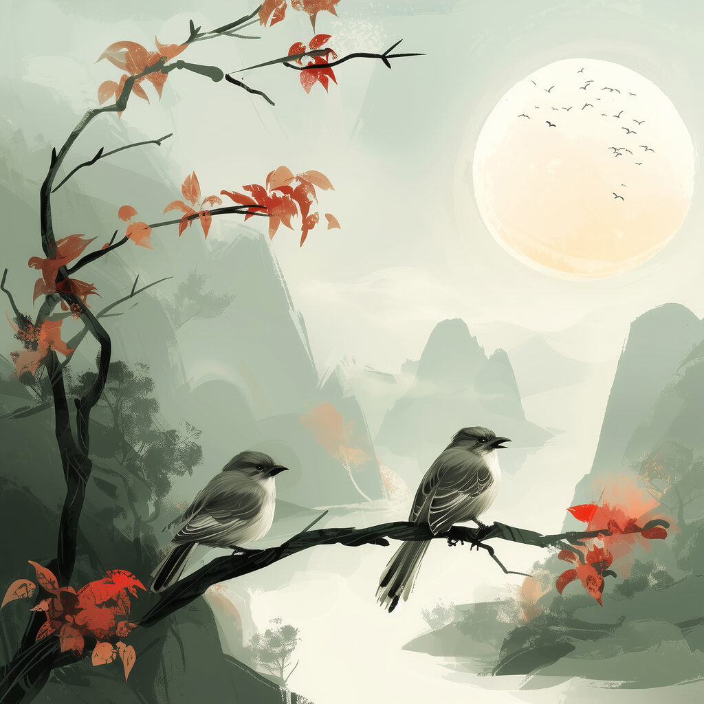 Birds on a branch with red leaves and a full moon Birds on a branch with red leaves and a full moon