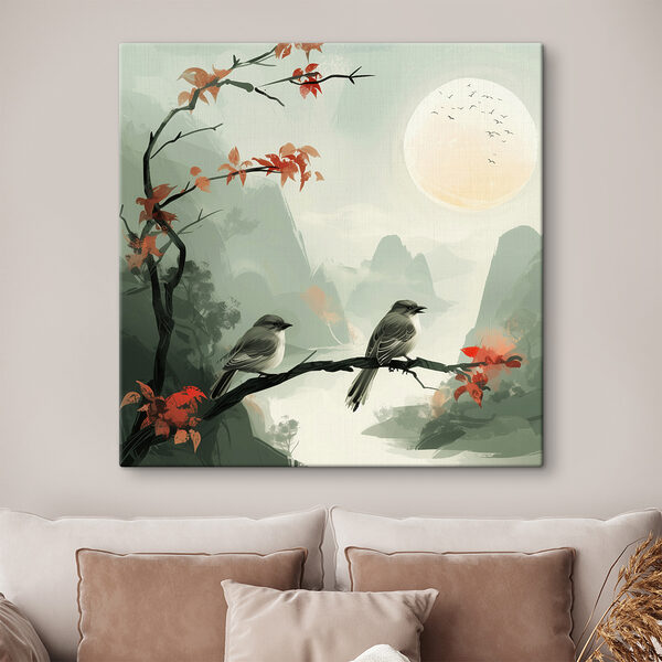 Birds on a branch with red leaves and a full moon Birds on a branch with red leaves and a full moon