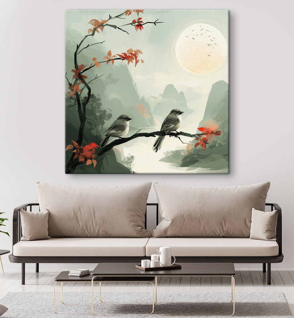 Birds on a branch with red leaves and a full moon Birds on a branch with red leaves and a full moon