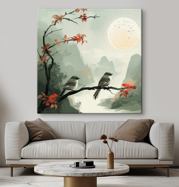 Birds on a branch with red leaves and a full moon Birds on a branch with red leaves and a full moon