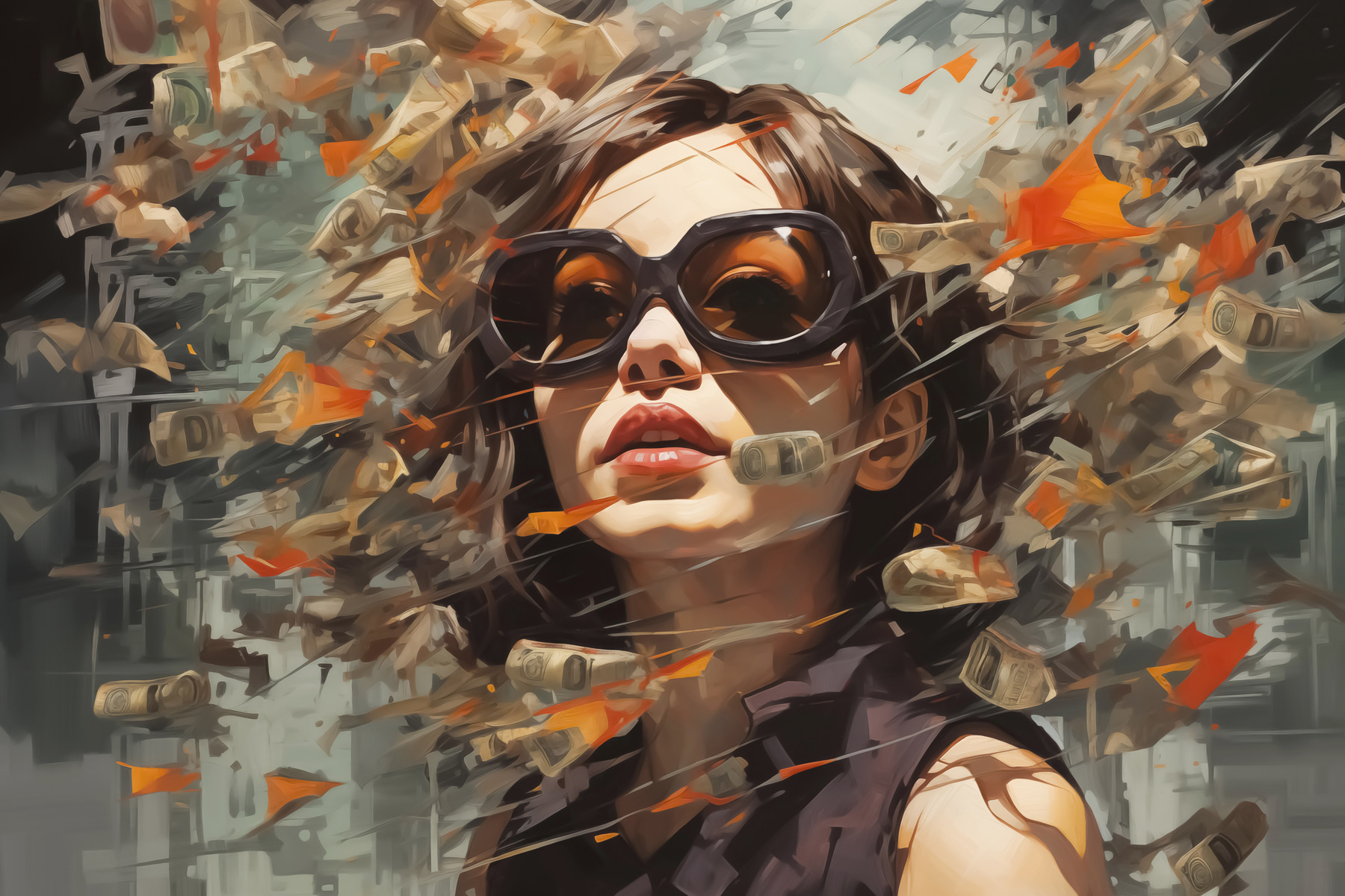Woman wearing sunglasses and flying money Woman wearing sunglasses and flying money