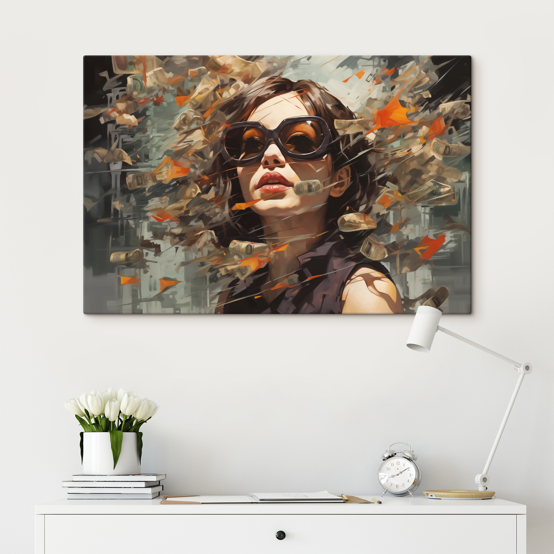 Woman wearing sunglasses and flying money Woman wearing sunglasses and flying money