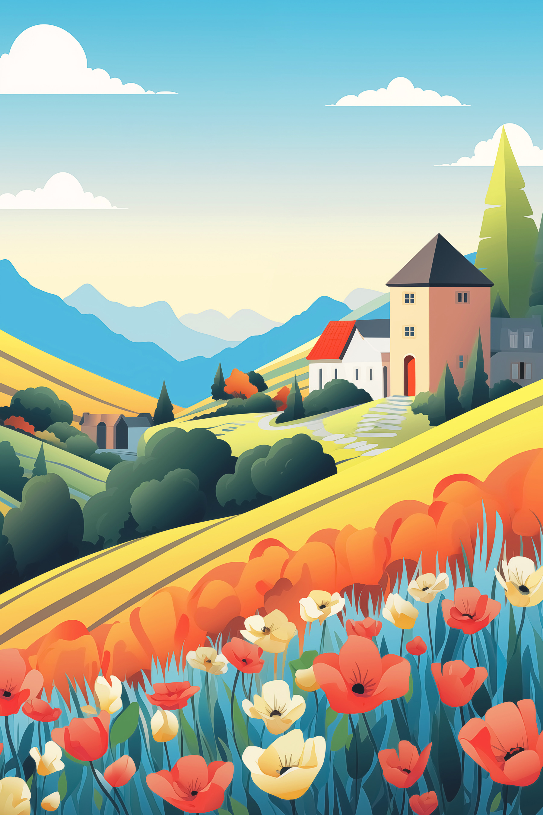House in a valley with flowers