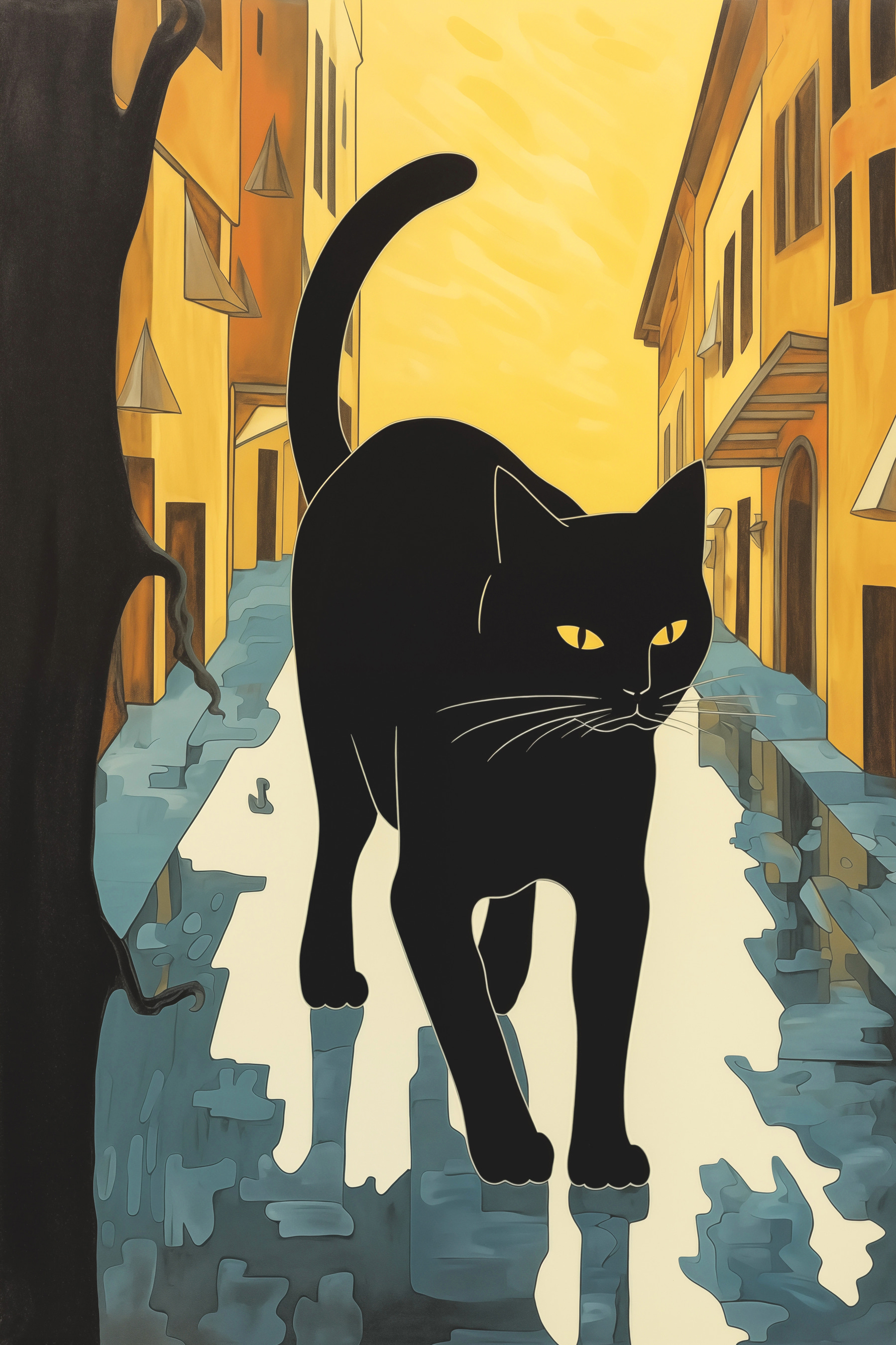 Black cat walking down a street Black cat walking down a street
