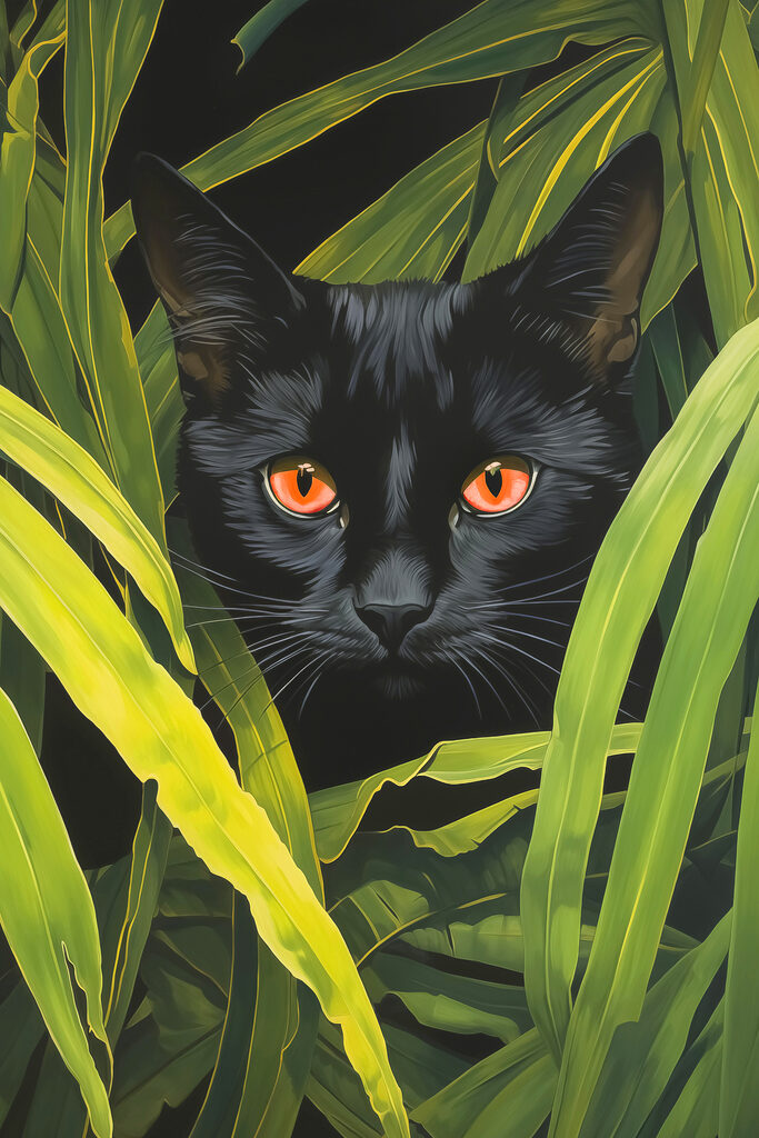Black cat with orange eyes peeking through tall green plants Black cat with orange eyes peeking through tall green plants