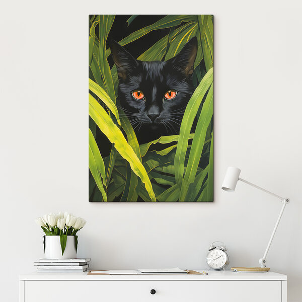 Cuadros Un gato negro con ojos naranjas que se asoma entre unas plantas verdes altas (SKU: s40759) Cuadros Cuadros Un gato negro con ojos naranjas que se asoma entre unas plantas verdes altas (SKU: s40759)