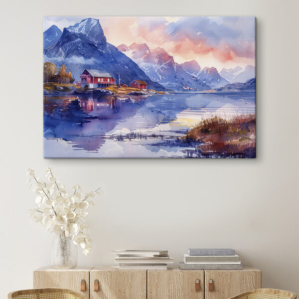 Watercolor painting of a house on a hill next to a lake