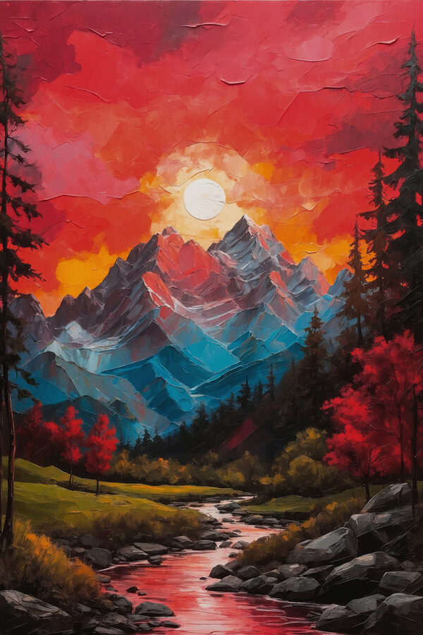 Painting of a mountain range with trees and a river Painting of a mountain range with trees and a river