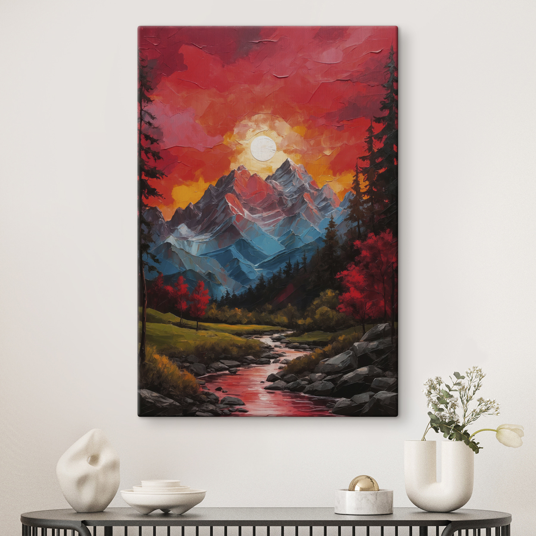 Painting of a mountain range with trees and a river Painting of a mountain range with trees and a river