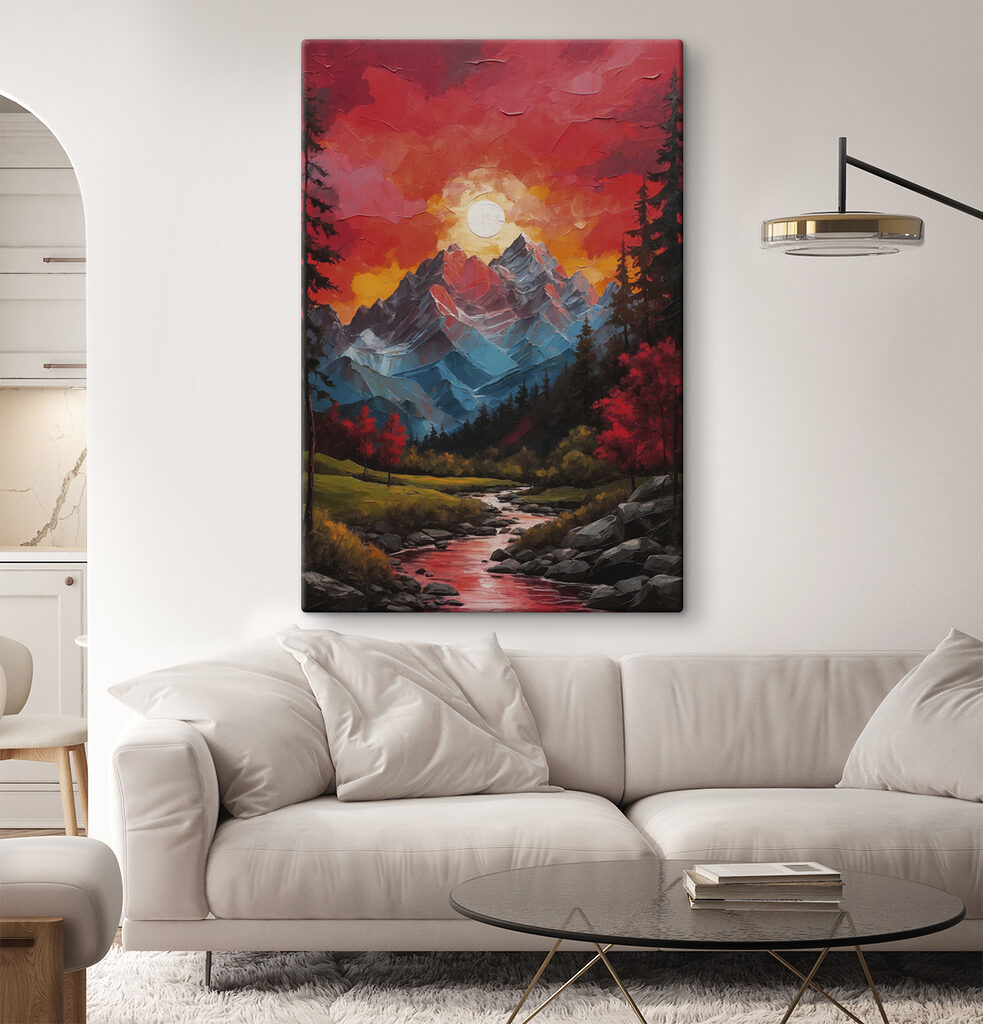Painting of a mountain range with trees and a river Painting of a mountain range with trees and a river