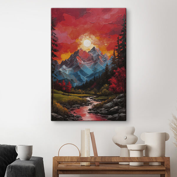 Painting of a mountain range with trees and a river Painting of a mountain range with trees and a river