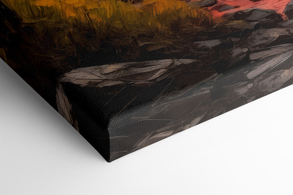 Painting of a mountain range with trees and a river Painting of a mountain range with trees and a river