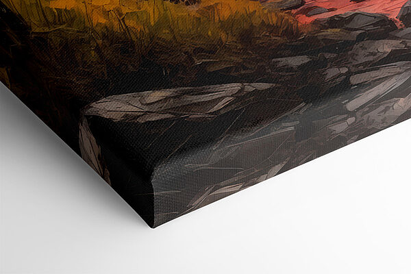 Painting of a mountain range with trees and a river Painting of a mountain range with trees and a river