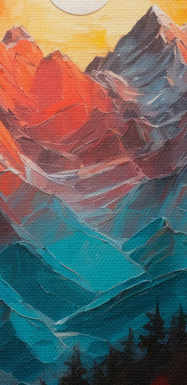 Painting of a mountain range with trees and a river Painting of a mountain range with trees and a river