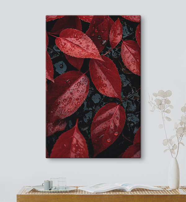 Red leaves with water droplets on them Red leaves with water droplets on them