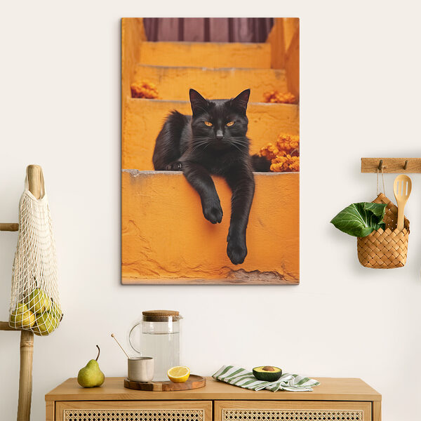Cuadros Cuadros Un gato negro tumbado en una escalera (SKU: s40798)