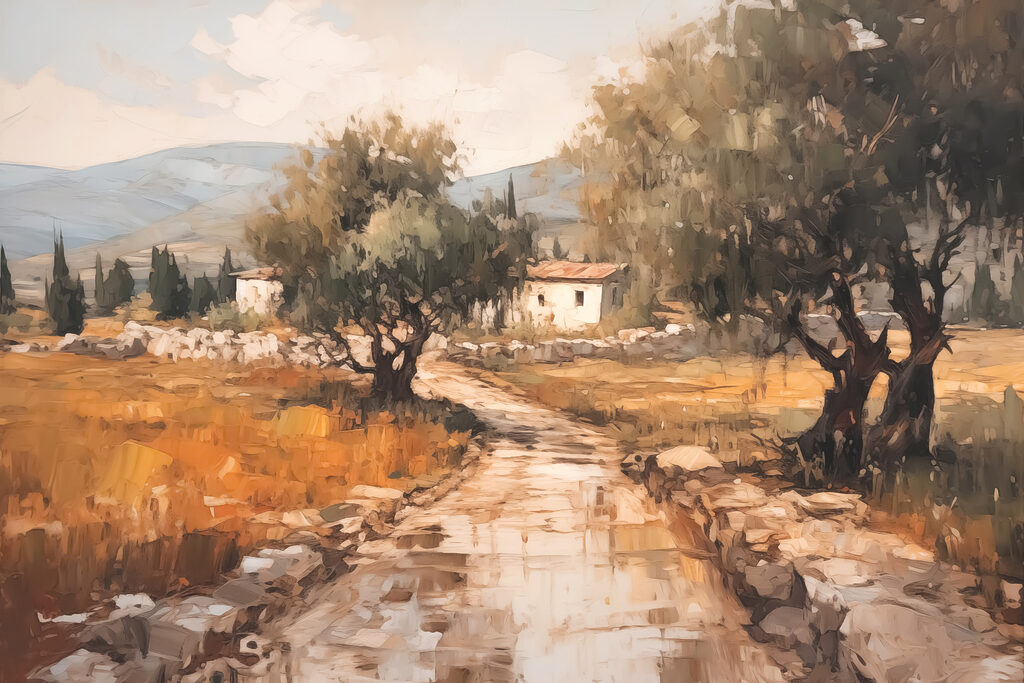 Painting of a road with trees and a house in the background