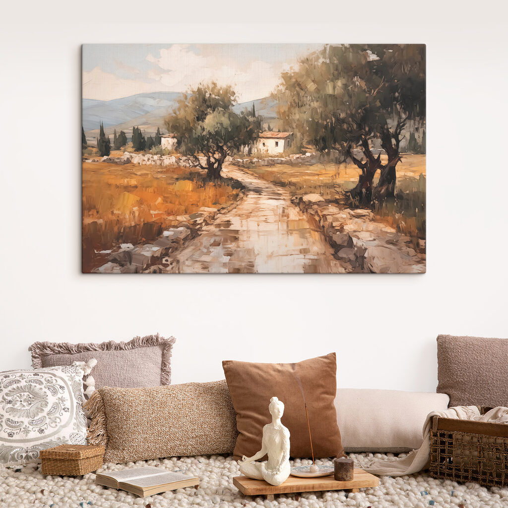 Painting of a road with trees and a house in the background
