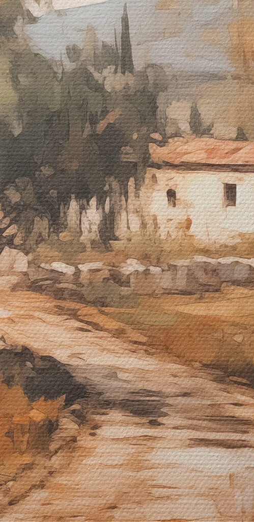 Painting of a road with trees and a house in the background
