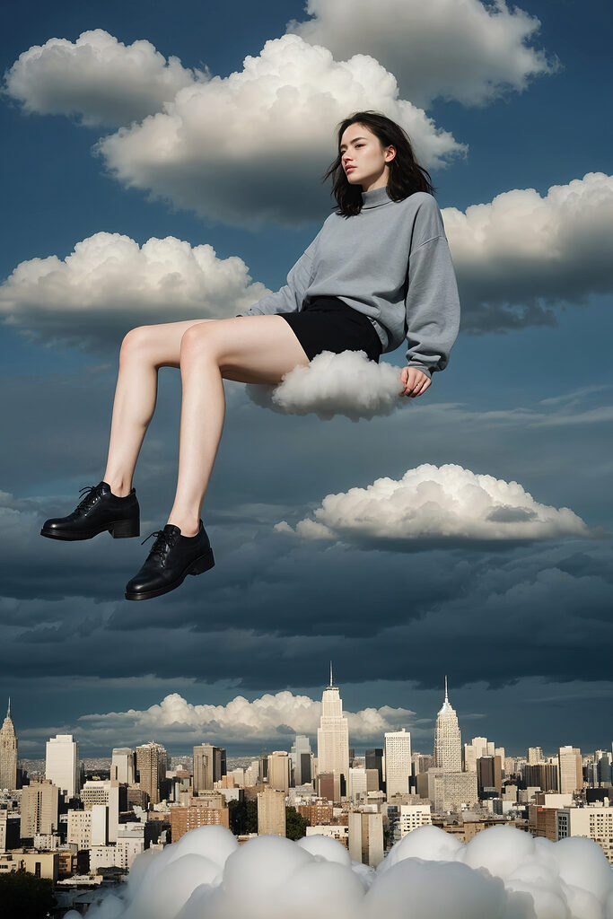 Woman sitting on a cloud in the sky Woman sitting on a cloud in the sky