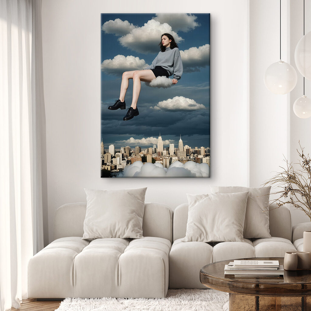 Woman sitting on a cloud in the sky Woman sitting on a cloud in the sky