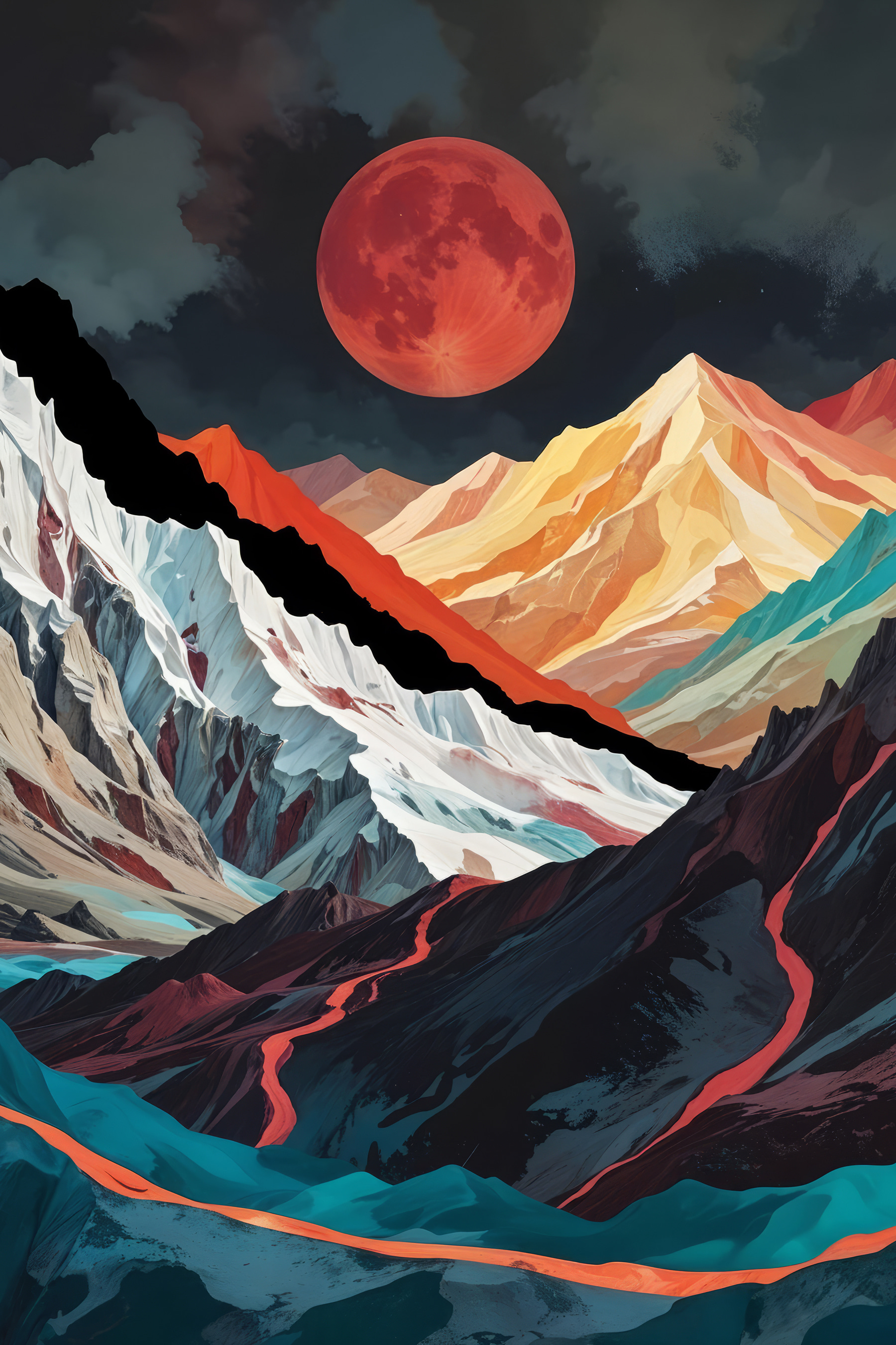 Mountain range with a red moon