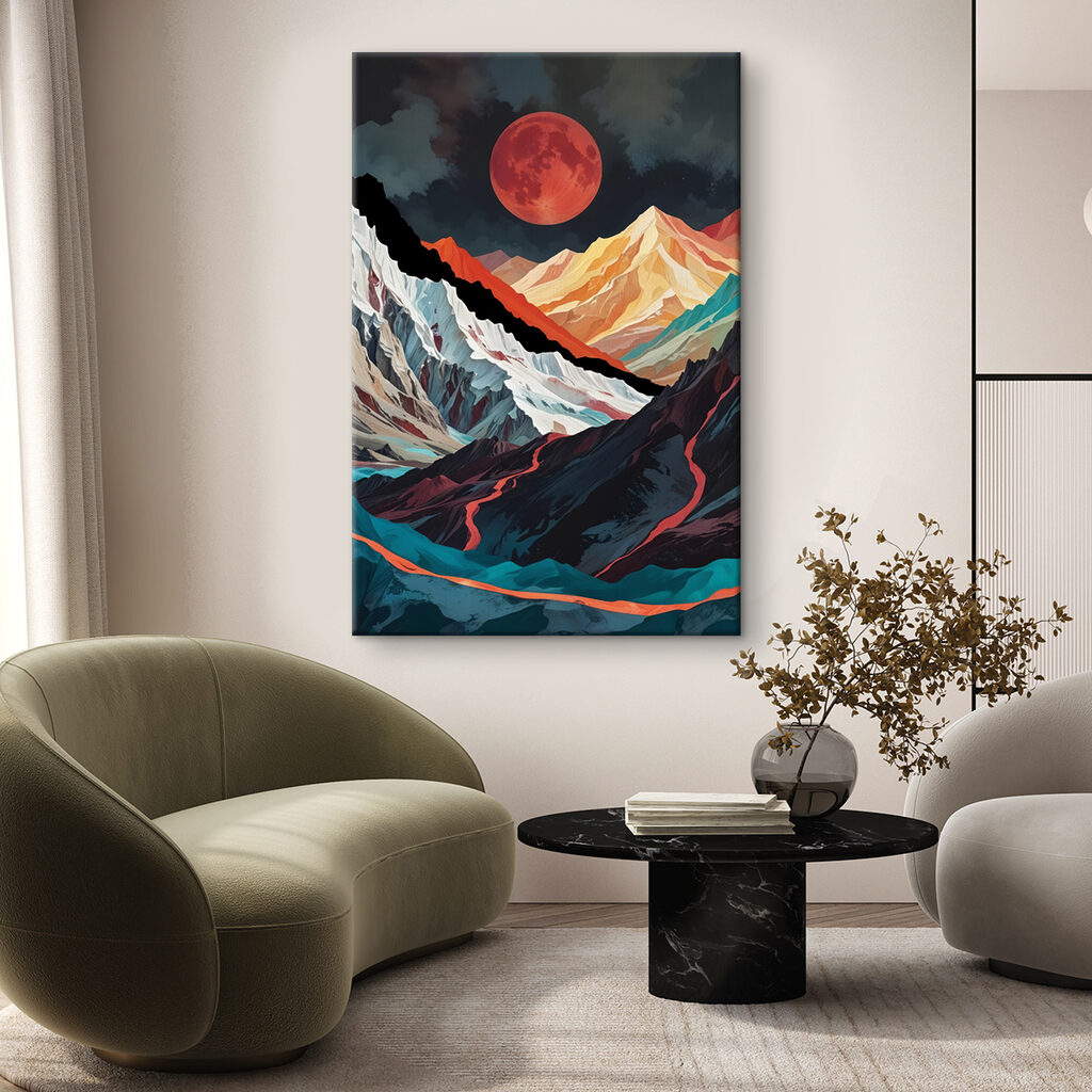 Mountain range with a red moon