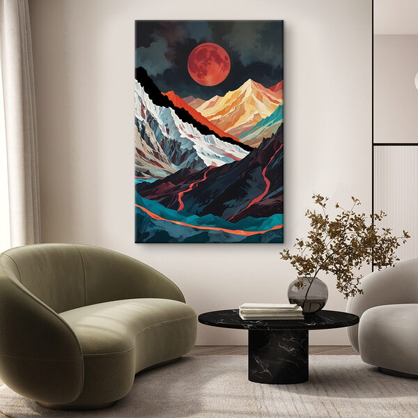 Mountain range with a red moon