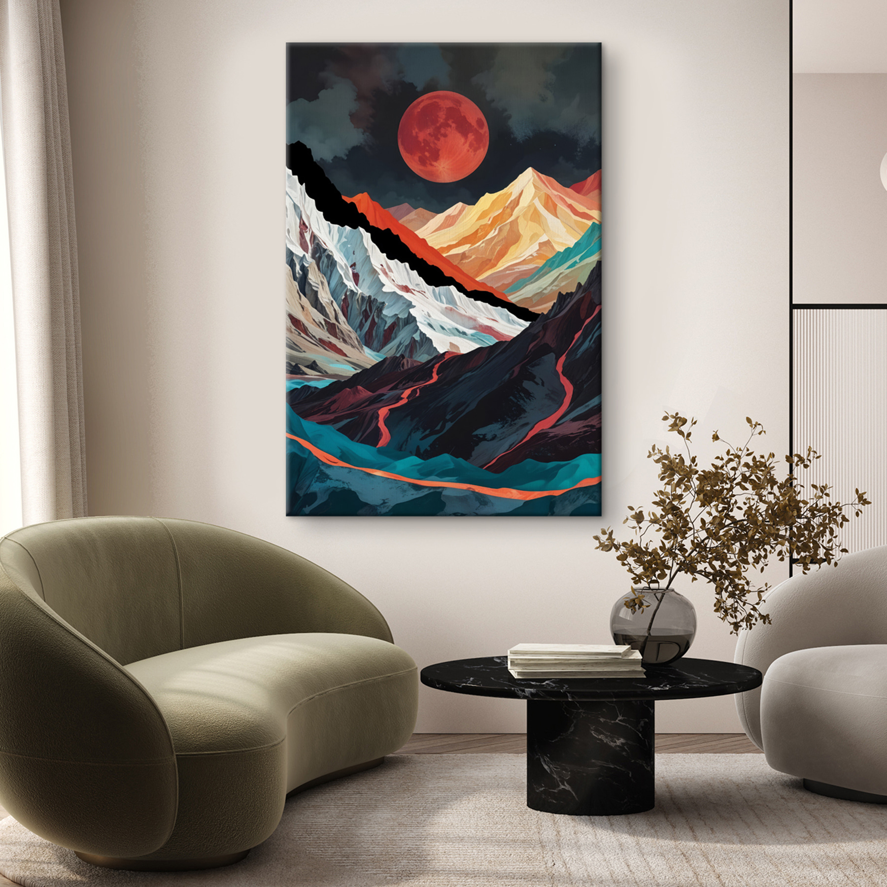 Mountain range with a red moon