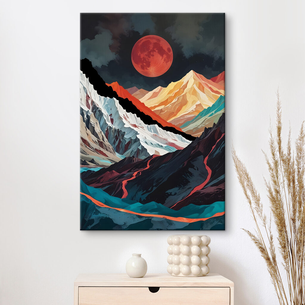 Mountain range with a red moon