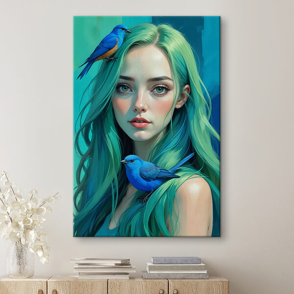 Woman with green hair and a blue bird Woman with green hair and a blue bird