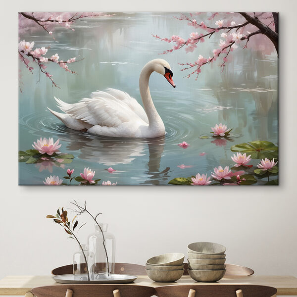 Cuadros Cisne blanco en el agua con flores rosas (SKU: s40597) Cuadros Cuadros Cisne blanco en el agua con flores rosas (SKU: s40597)