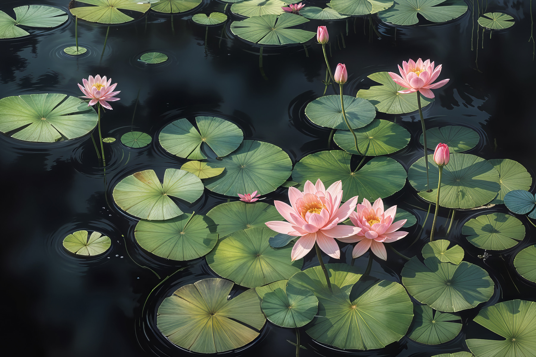 Group of pink flowers and green leaves in a pond