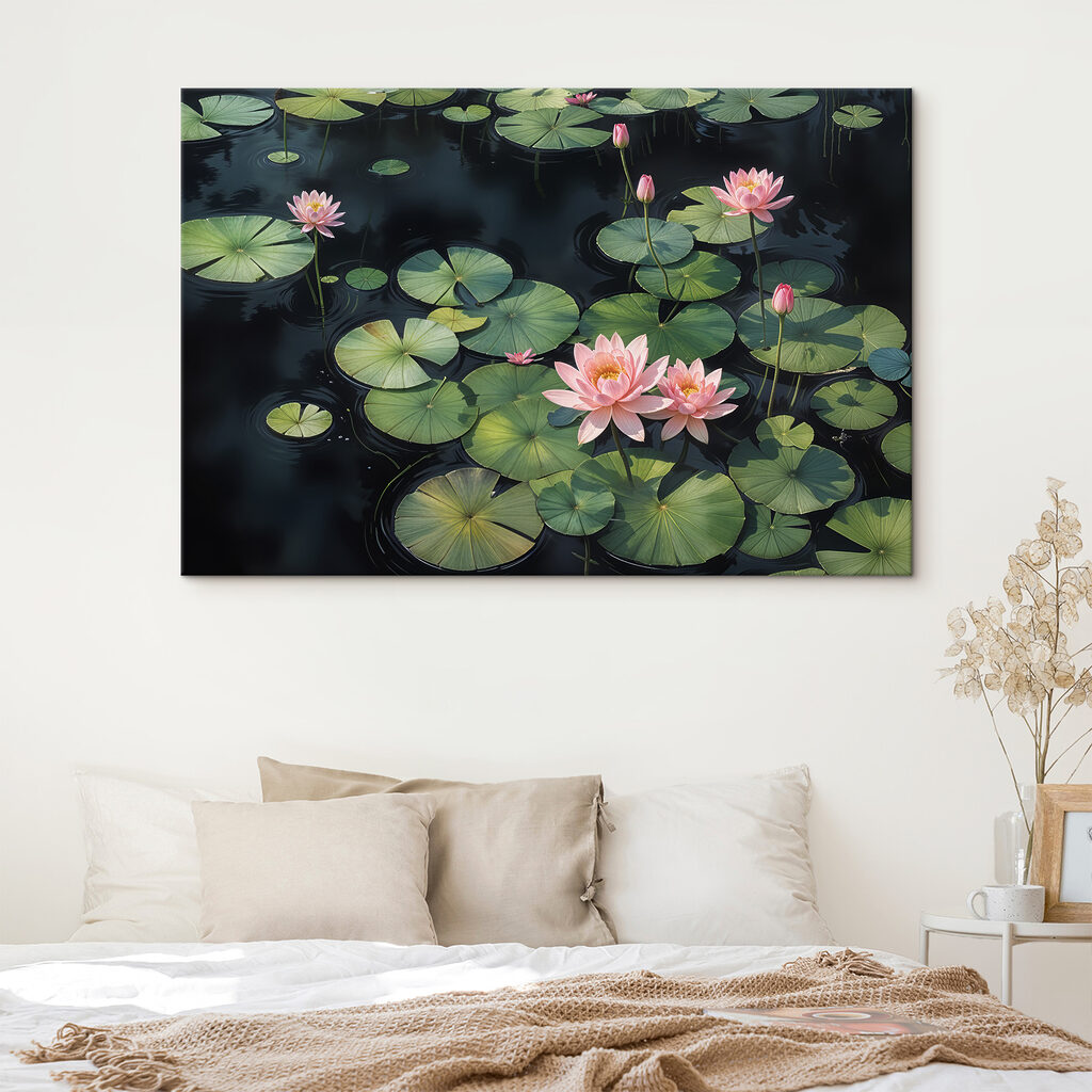 Group of pink flowers and green leaves in a pond